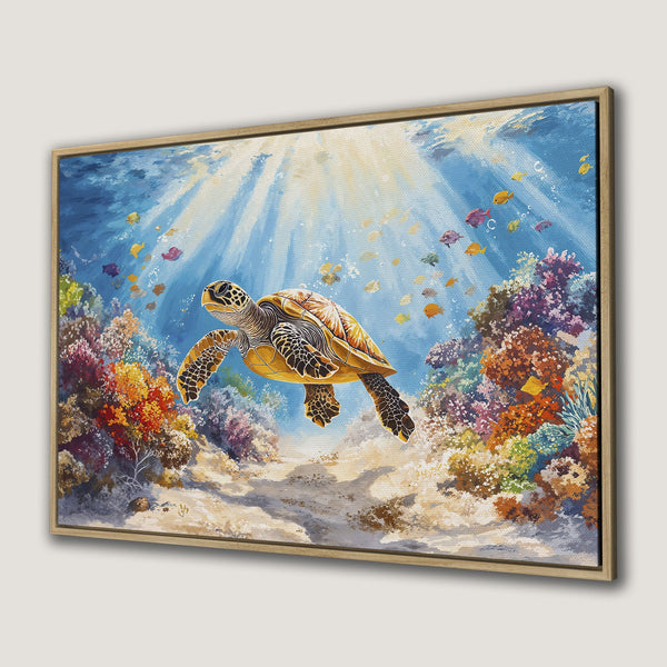 Framed Wall Art of a sea turtle swimming in a vibrant underwater scene. Colorful coral reef with blues, yellows, and oranges. Perfect coastal decor.