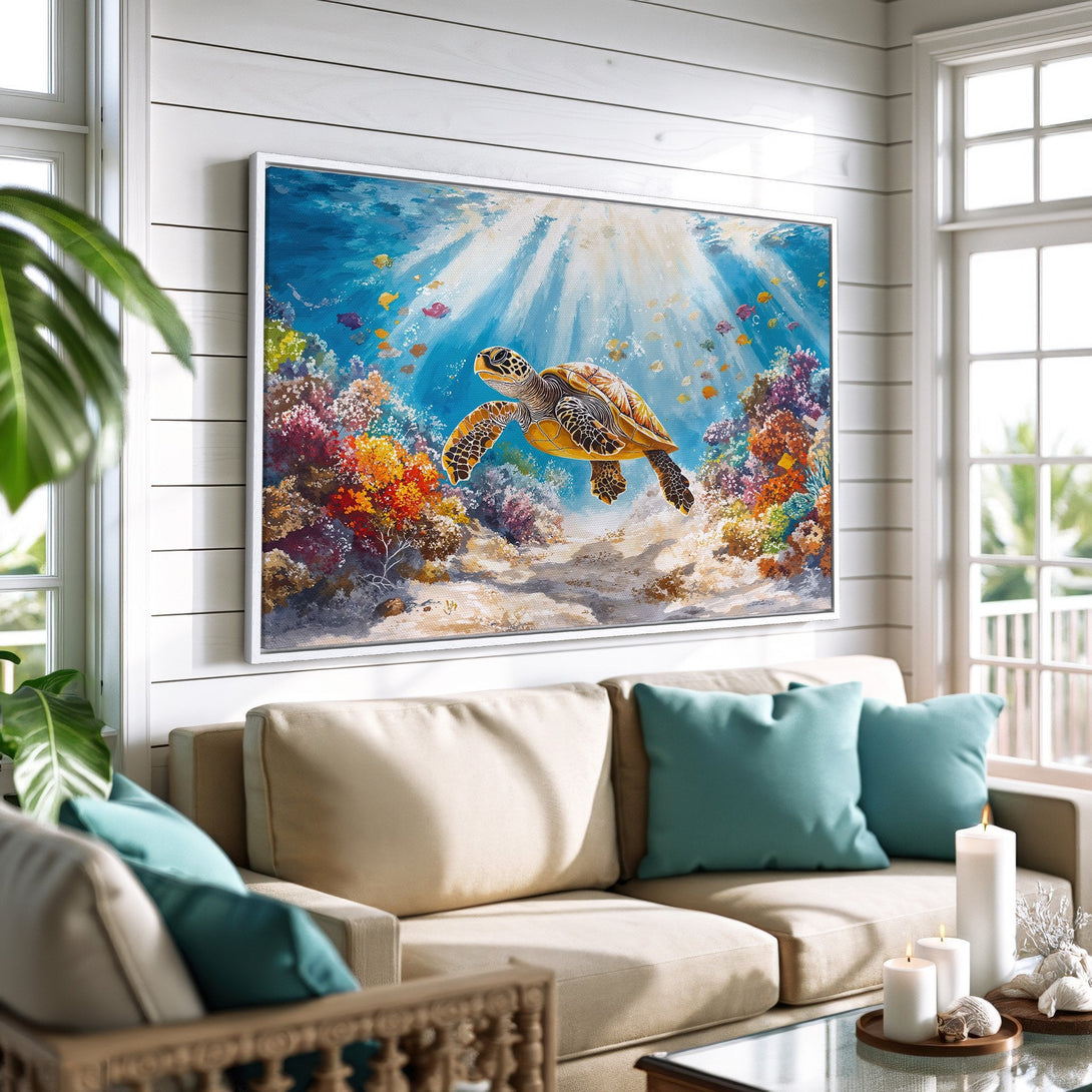 Framed Wall Art featuring a vibrant underwater scene with a sea turtle. Coastal style art with a blue, yellow, and coral color palette. Perfect for home decor!
