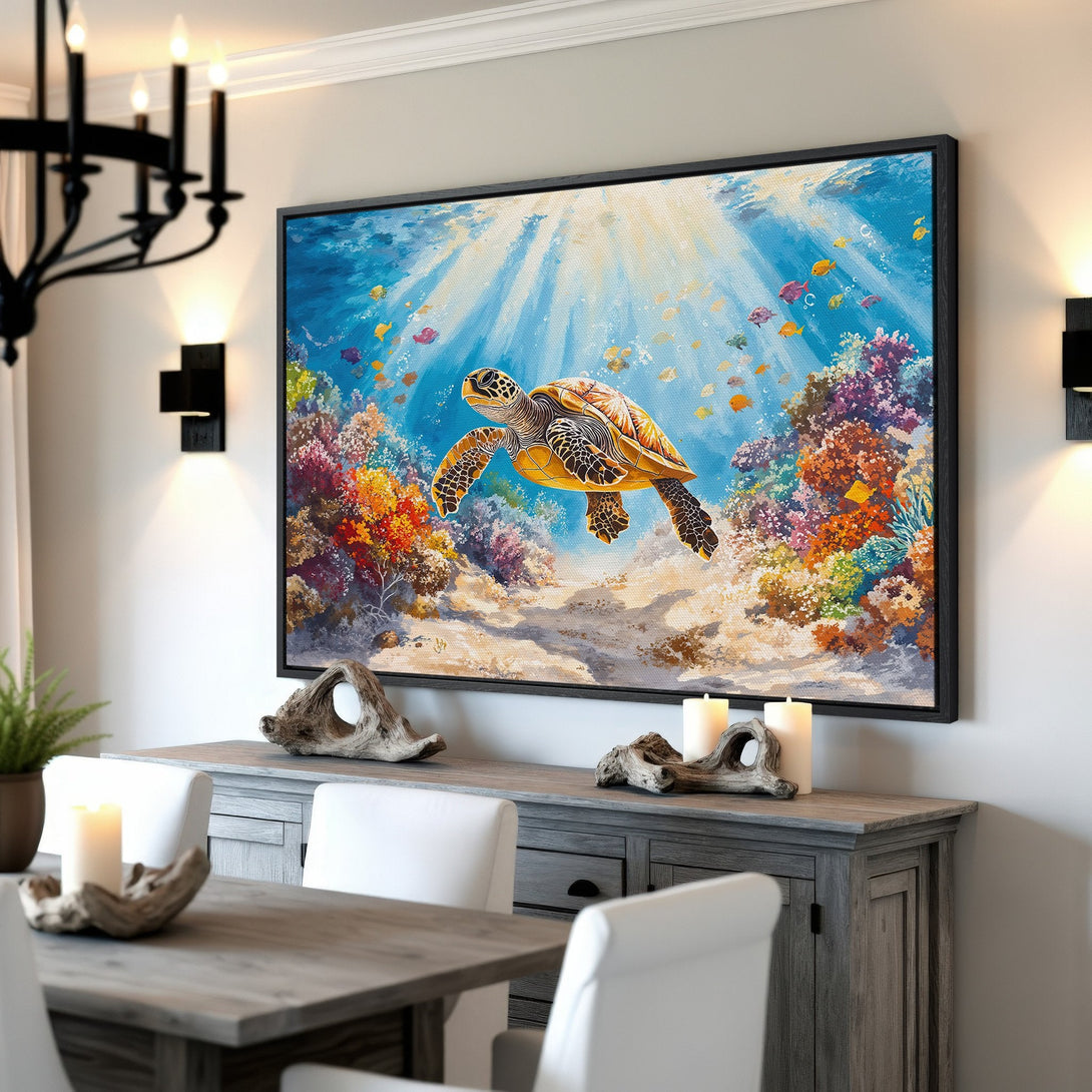 Framed Wall Art: Underwater turtle painting with vibrant blue, yellow, and coral hues. Coastal art style perfect for adding a splash of color to any room.