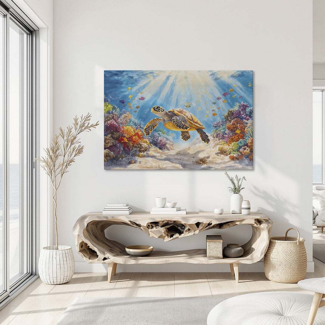 Framed Wall Art: Vibrant underwater scene with a sea turtle, coral reef, and colorful fish. Coastal decor in blue, yellow, and orange hues. Perfect for your home!