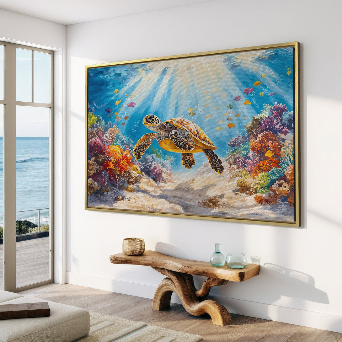 Canvas Print of a serene underwater scene featuring a sea turtle, vibrant coral reef, and a calming blue and yellow color palette. Perfect coastal wall art.