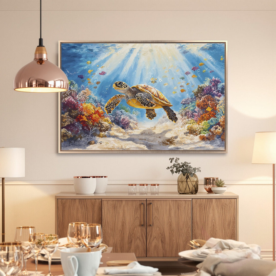 Framed Wall Art: Stunning ocean turtle Canvas Print. Vibrant blue, yellow, and coral colors. Perfect for coastal decor. Bring the sea home!