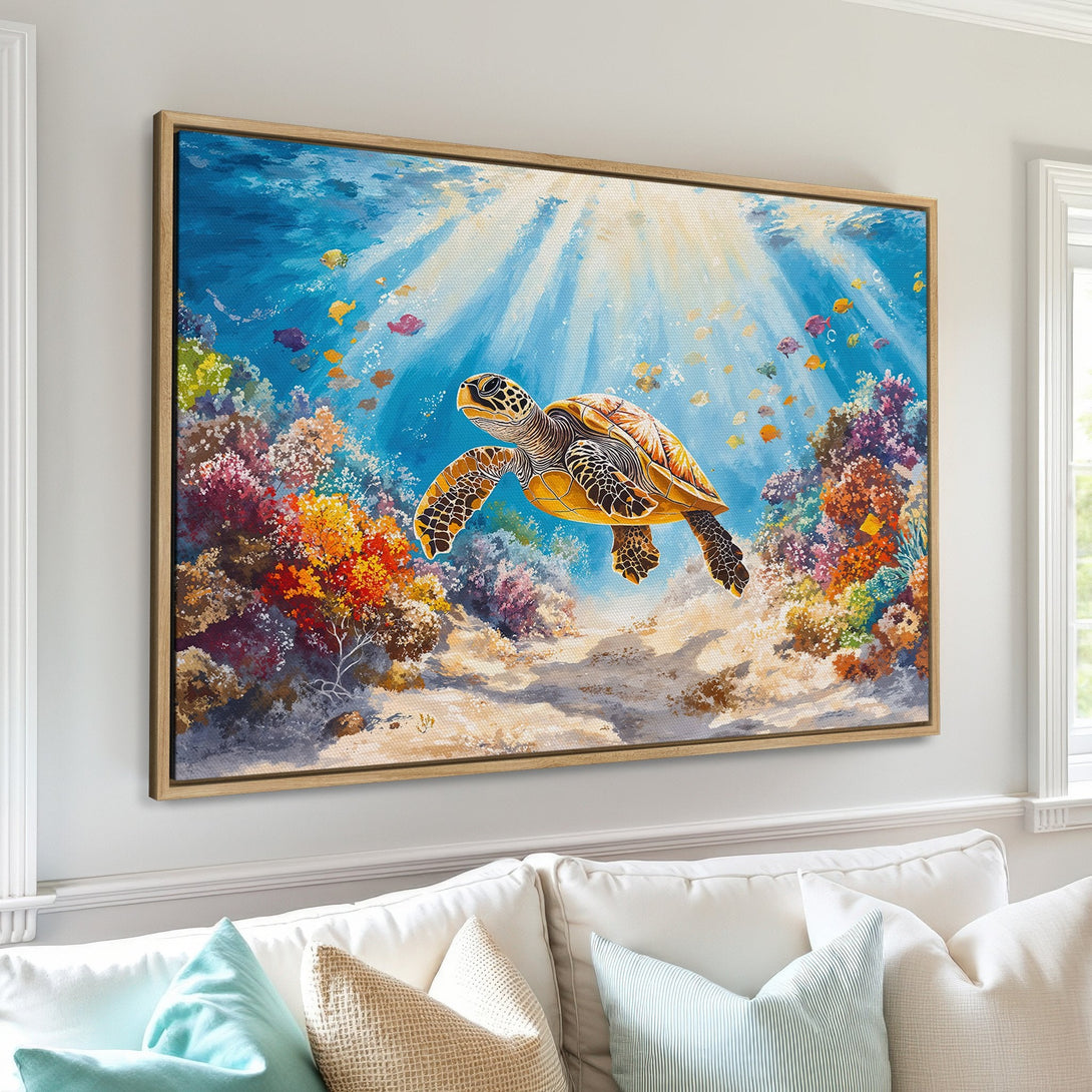 Framed Wall Art featuring a vibrant underwater scene with a sea turtle, coral reef, and fish. Colorful palette of blues, yellows, and reds. Perfect for coastal decor.