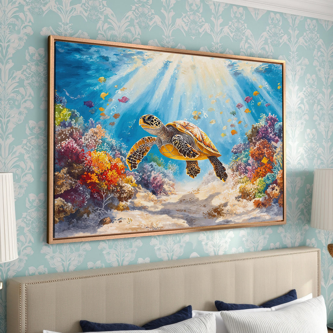 Framed Wall Art: Vibrant underwater scene with a sea turtle, coral reef, and colorful fish. Coastal-themed art with a blue, yellow, and orange palette. Perfect for any space!