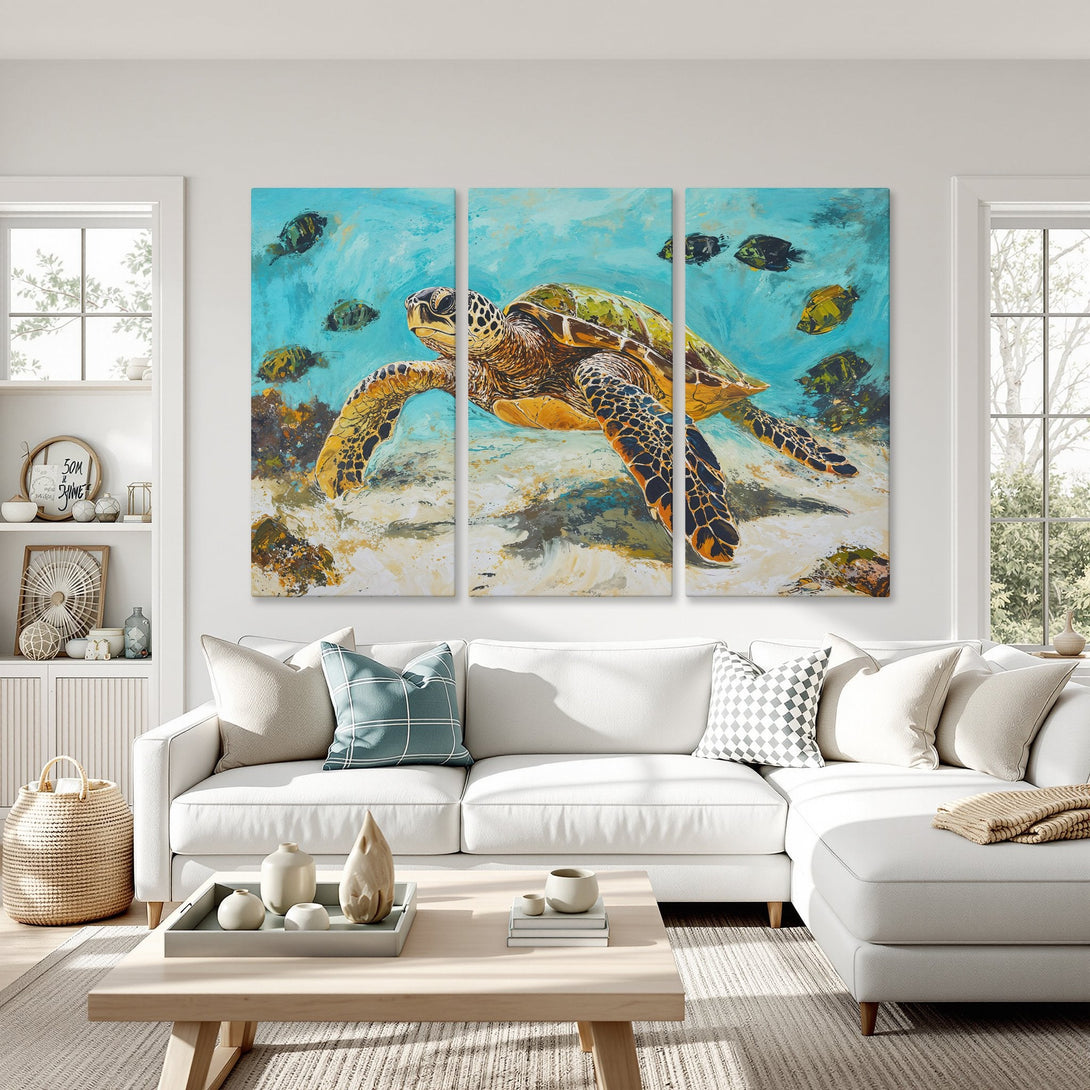 Canvas Print of a sea turtle swimming, impressionistic style, blue and yellow palette, perfect for coastal decor.