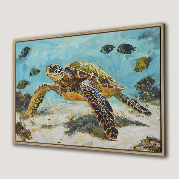 Framed Wall Art: Stunning Canvas Print of a sea turtle swimming. Beautiful ocean scene in blue, green, and gold. Perfect coastal decor!