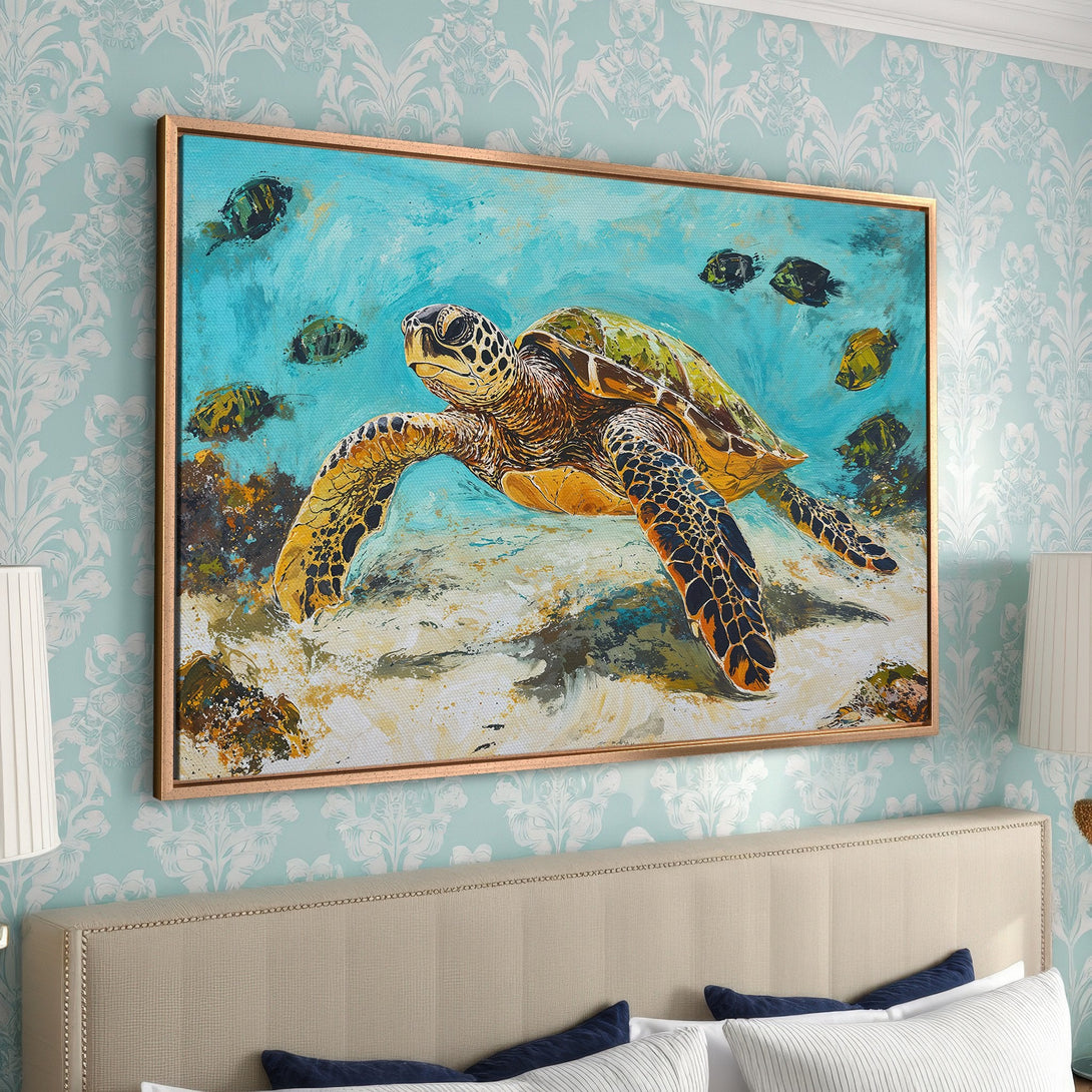 Framed Wall Art: Vibrant sea turtle painting in turquoise, gold, and brown. Coastal style canvas print adds a splash of color to any room.