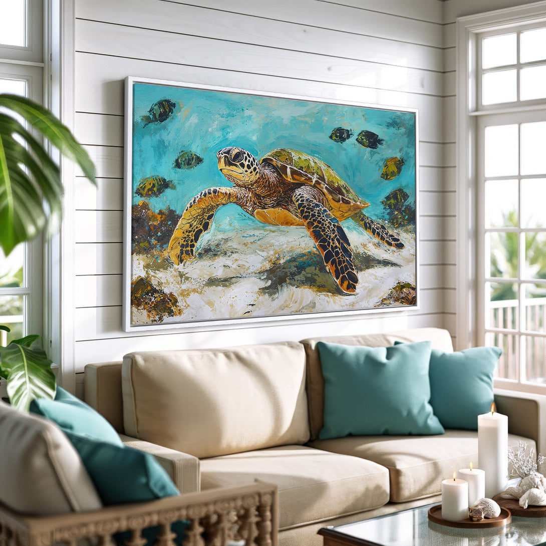 Framed Wall Art featuring a vibrant sea turtle painting in a coastal style. Turquoise, yellow, and brown color palette adds a touch of ocean serenity to any space.