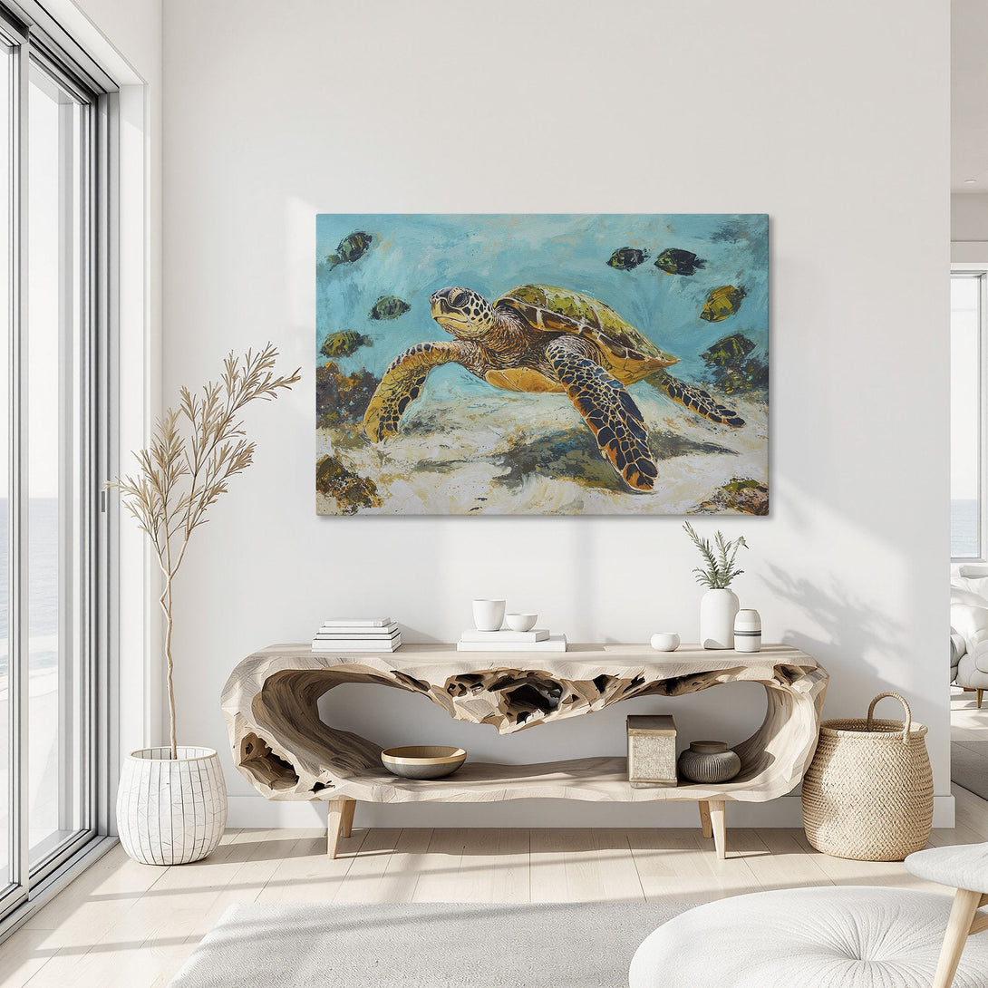 Framed Wall Art: Stunning sea turtle canvas print in a coastal home. Features vibrant turquoise, yellow, and brown hues. Adds a touch of ocean art to your space.