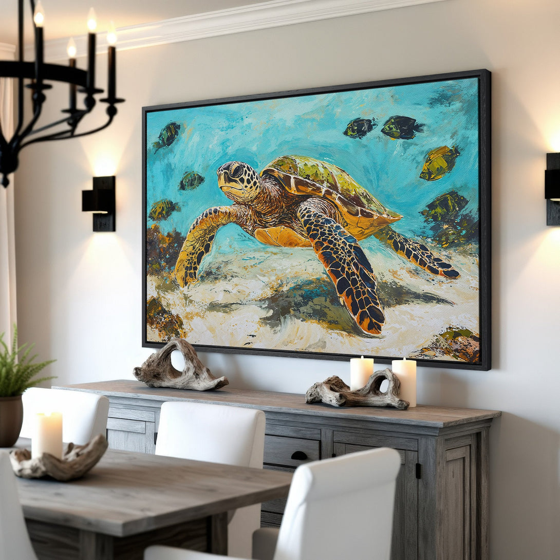 Framed Wall Art Canvas Print featuring a sea turtle in an impressionistic style with a blue, green, and brown color palette. Perfect coastal decor!