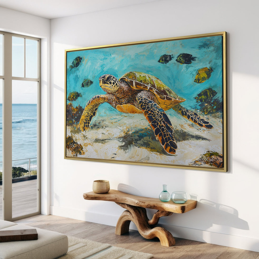 Canvas Print of a sea turtle swimming underwater. Coastal art in blue, green, and gold tones. Perfect for adding a touch of nature to your home decor.