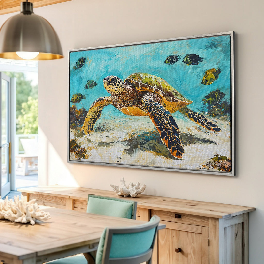 Framed Wall Art: Stunning sea turtle canvas print with vibrant blues, greens, and yellows. Perfect coastal decor for any room. Shop now and bring the ocean home!