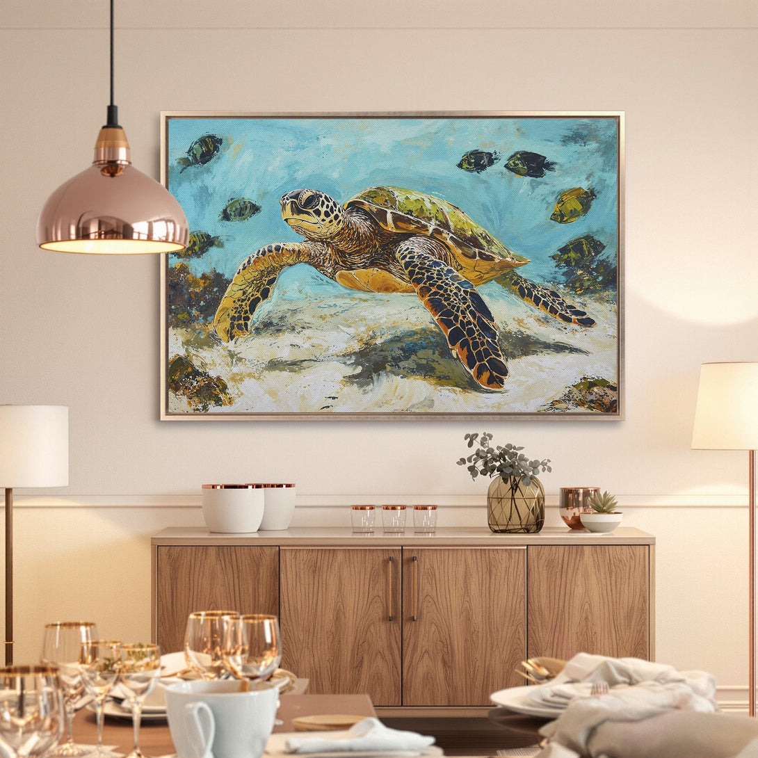 Framed Wall Art: Stunning sea turtle canvas print in a coastal style, featuring a vibrant blue, green, and gold color palette. Perfect for your home!