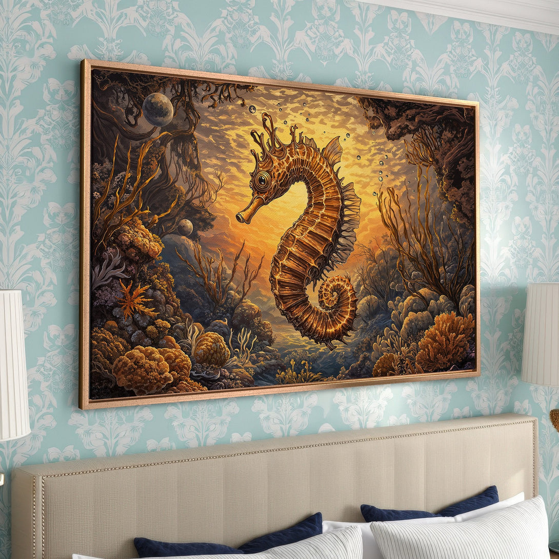 Framed Wall Art featuring a stunning seahorse in a warm, underwater scene. Earthy tones of gold and brown create a captivating, artistic aesthetic. Perfect for coastal decor!