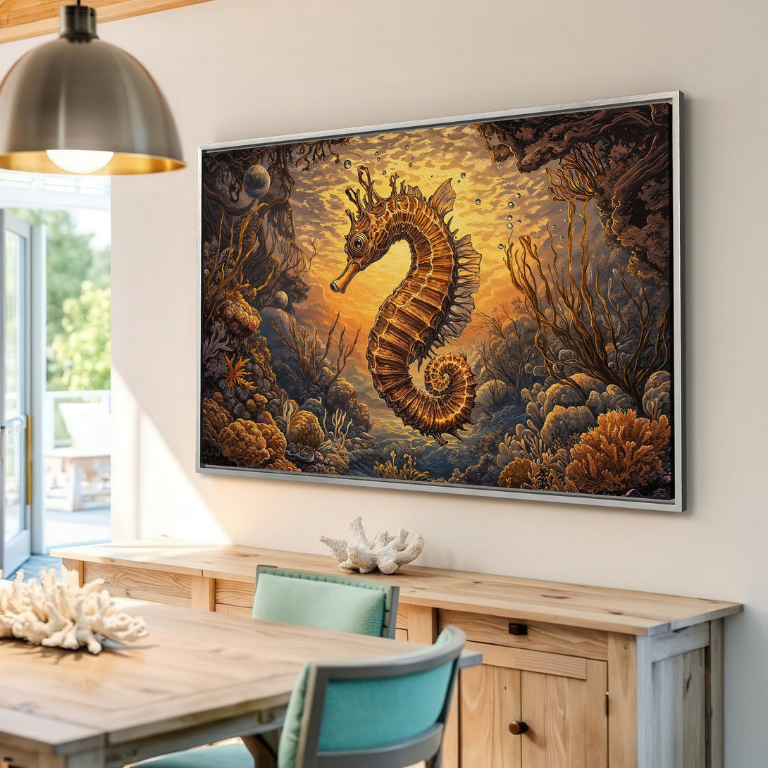 Framed Wall Art: Stunning seahorse art print in warm tones. Coastal style canvas print with a beautiful orange and brown color palette. Perfect for any home!