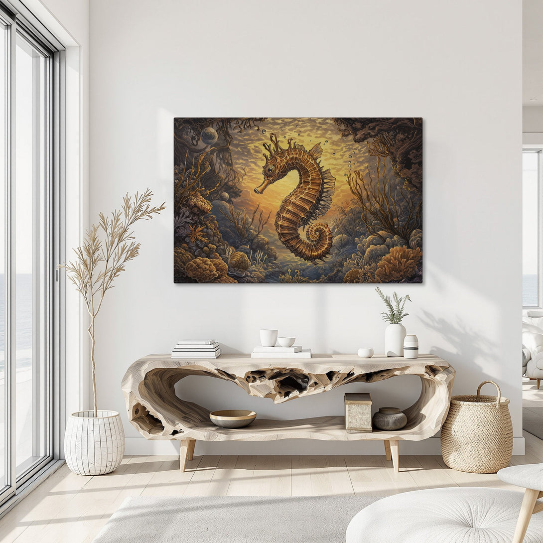 Framed Wall Art featuring a detailed seahorse illustration in warm, earthy tones. Perfect for coastal decor, this canvas print adds elegance to any space.