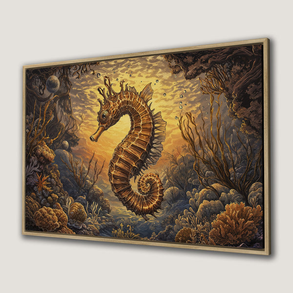 Framed Wall Art: Majestic seahorse swimming in a vibrant underwater scene. Earthy tones and a touch of fantasy create a captivating artwork. Perfect for coastal decor.