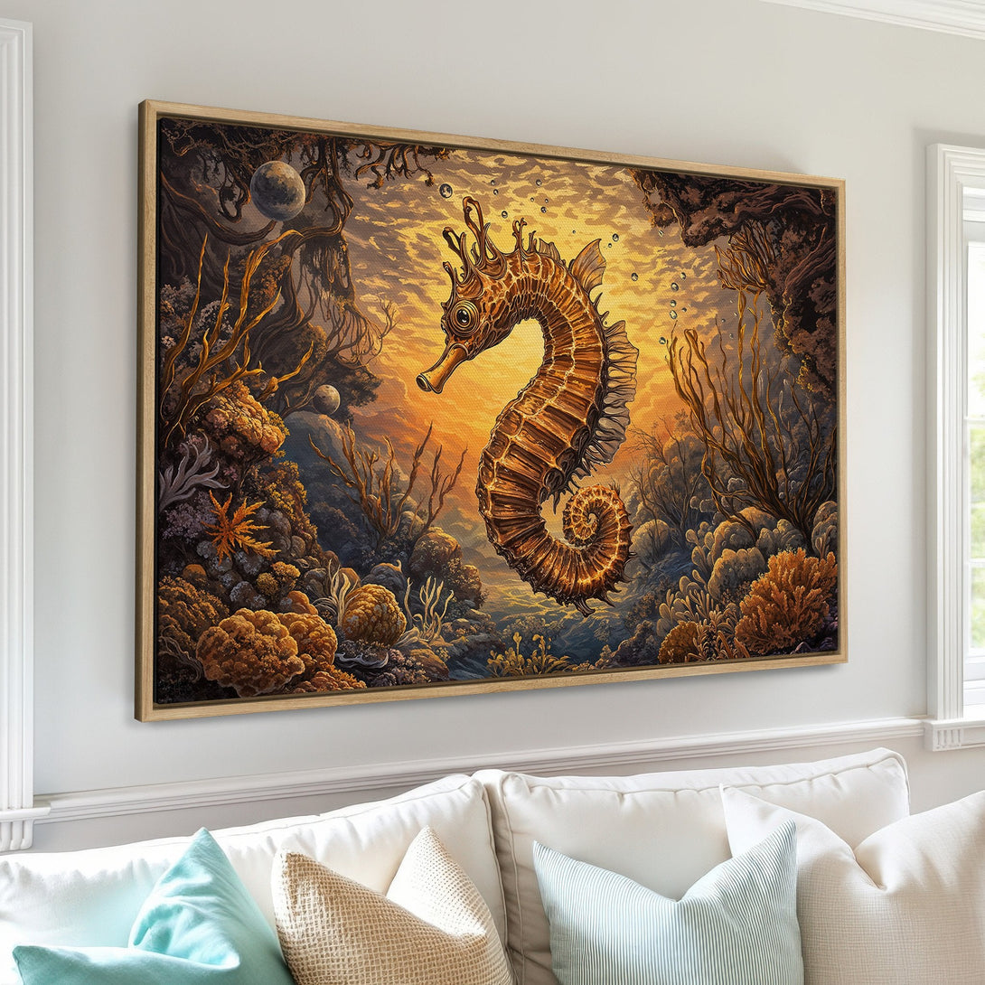 Framed Wall Art featuring a whimsical seahorse in an underwater scene with warm, earthy tones. Perfect for adding a touch of fantasy to your home decor.