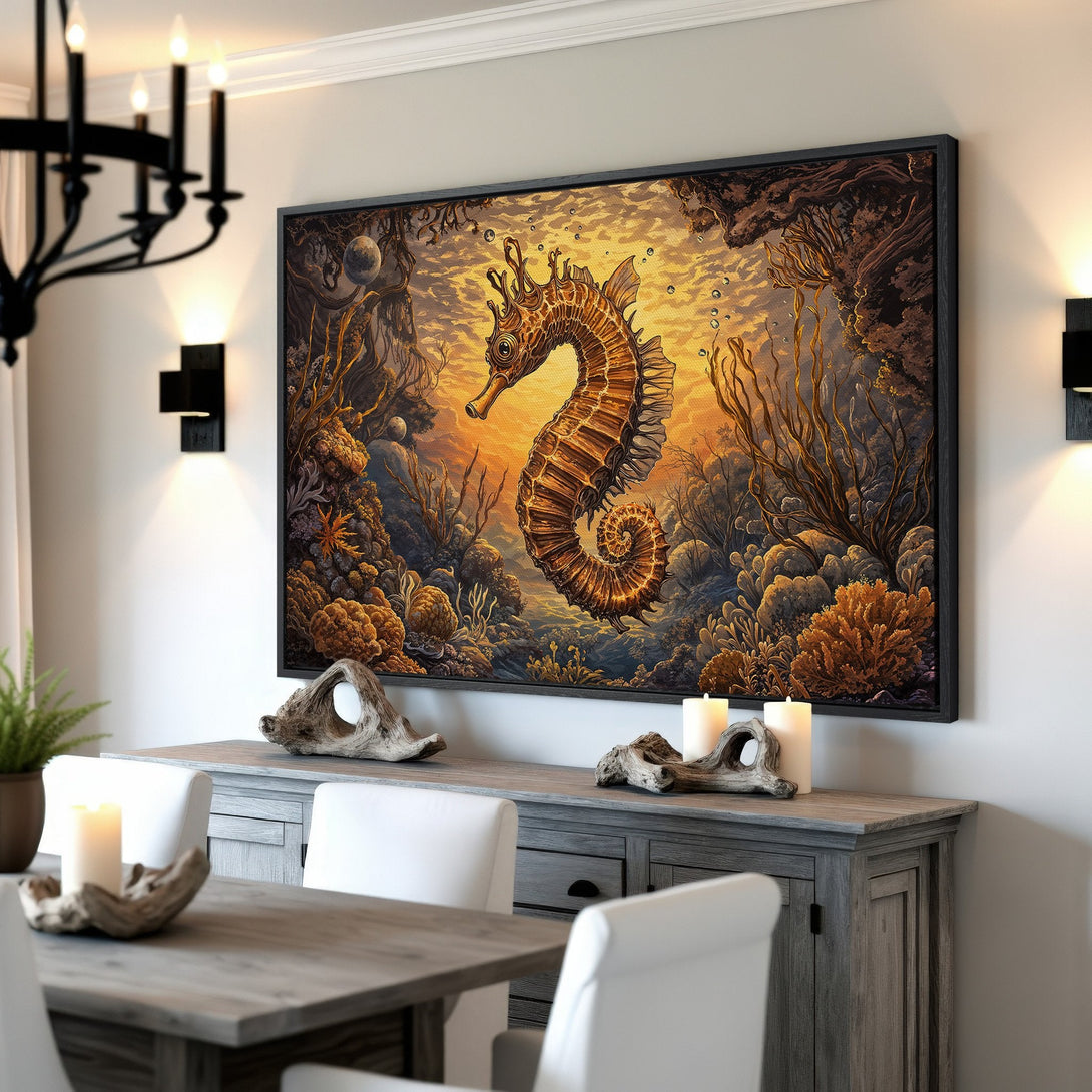 Framed Wall Art featuring a majestic seahorse in warm gold and brown tones. Perfect for coastal decor, this canvas print adds elegance to any space.