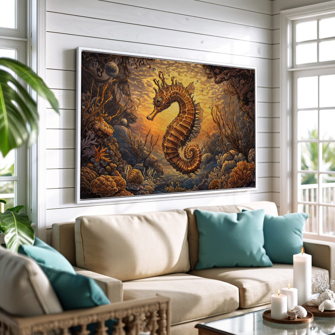 Framed Wall Art featuring a majestic seahorse in warm, earthy tones. Coastal-inspired art with a touch of fantasy, perfect for adding a unique touch to any space.