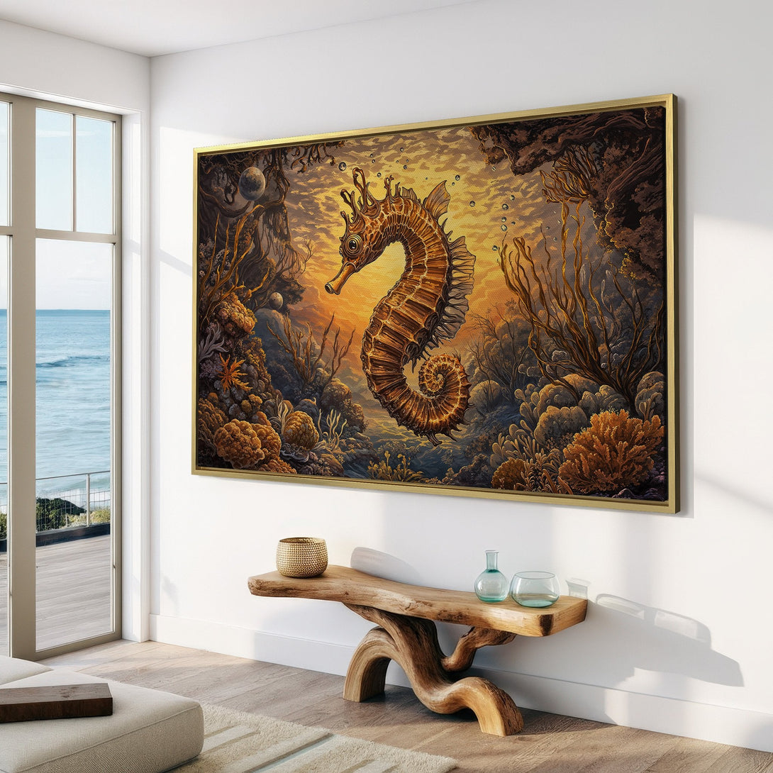 Canvas Print featuring a majestic seahorse in an underwater scene. Warm, earthy tones create a serene, artistic vibe. Perfect wall art for any space!