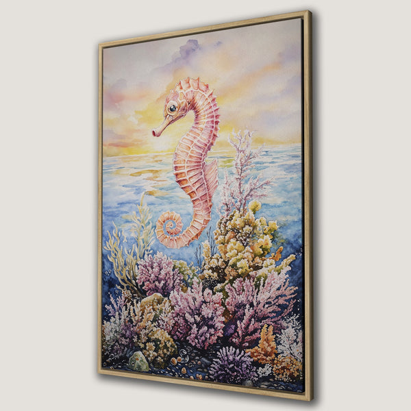 Framed Wall Art: Watercolor seahorse print in pastel hues. Coastal art featuring coral reef scene with pink, blue, and yellow tones. Perfect for beach house decor.
