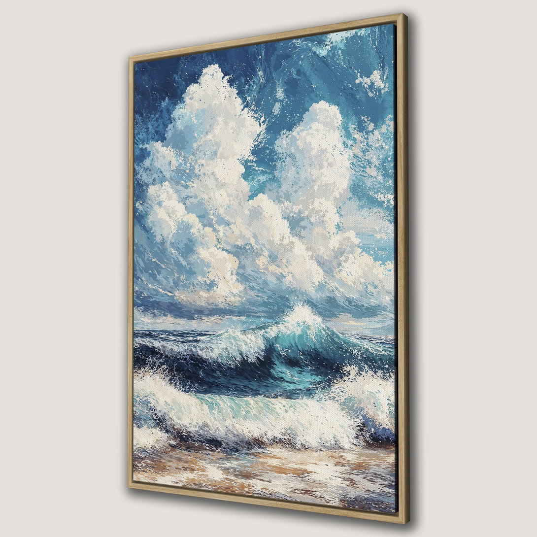 Framed Wall Art: Ocean waves painting in blue and white. Coastal art canvas print for a serene home decor.