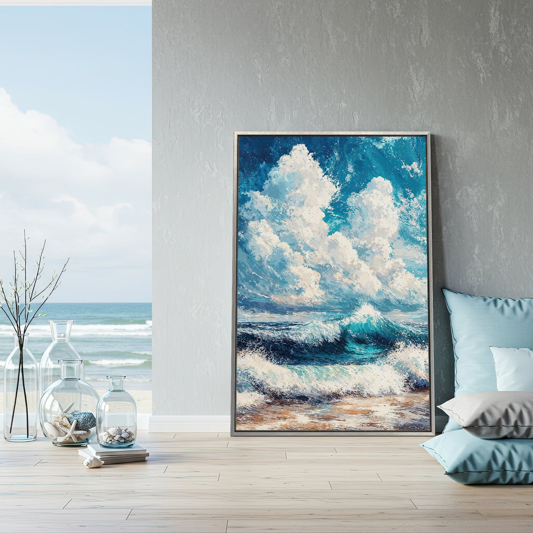 Framed Wall Art: Ocean waves canvas print in a coastal style, featuring a blue and white color palette, perfect for beach house decor.