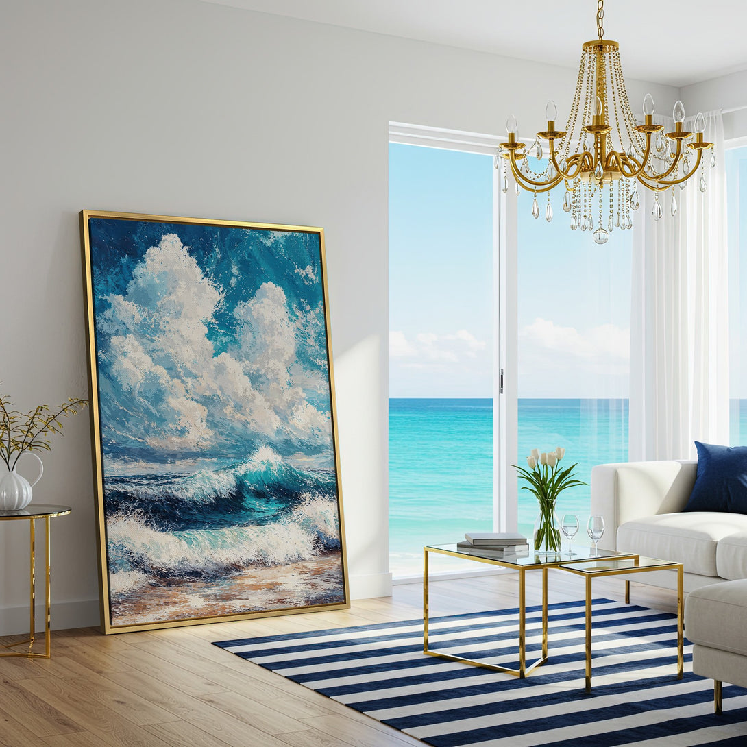 Canvas Print of a vibrant ocean wave painting. Coastal wall art in blue, white, and sandy tones. Perfect for adding a touch of serenity to your home.