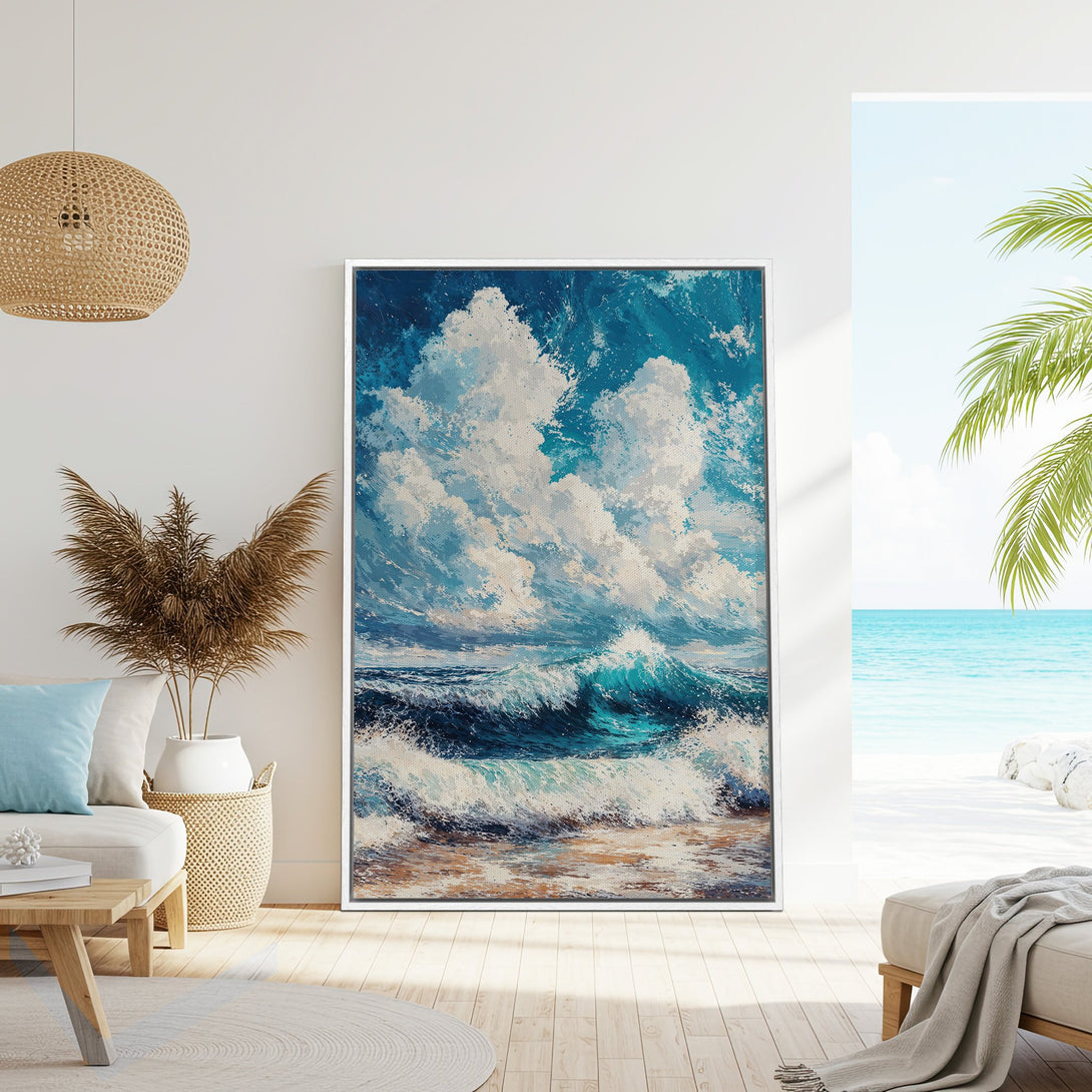Framed Wall Art: Coastal ocean waves painting in blue and white. Bring the beach home with this stunning canvas print! Perfect for any interior.