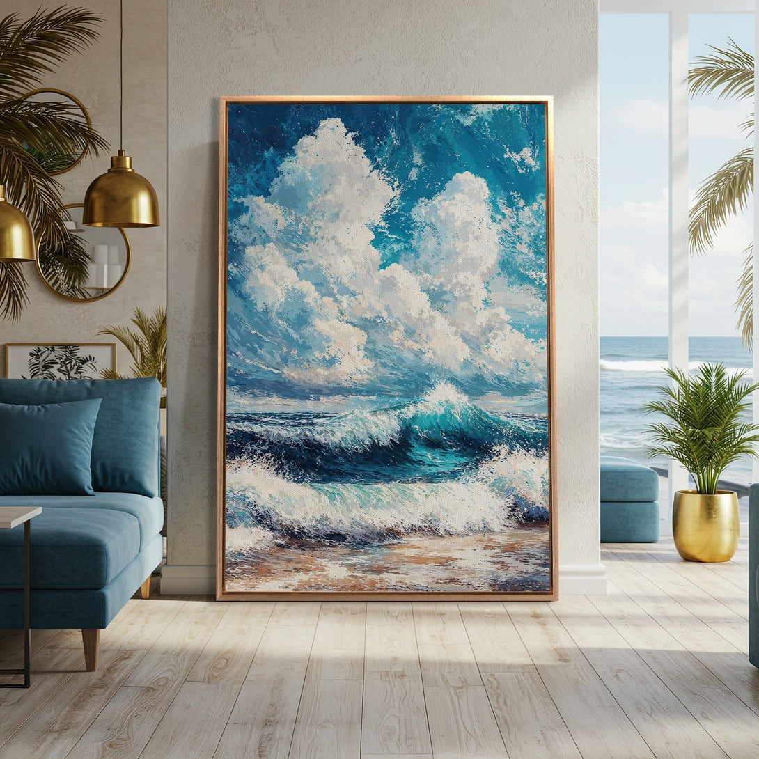 Framed Wall Art featuring a vibrant ocean wave painting in blue and white hues. Perfect coastal decor for a serene and stylish living space.