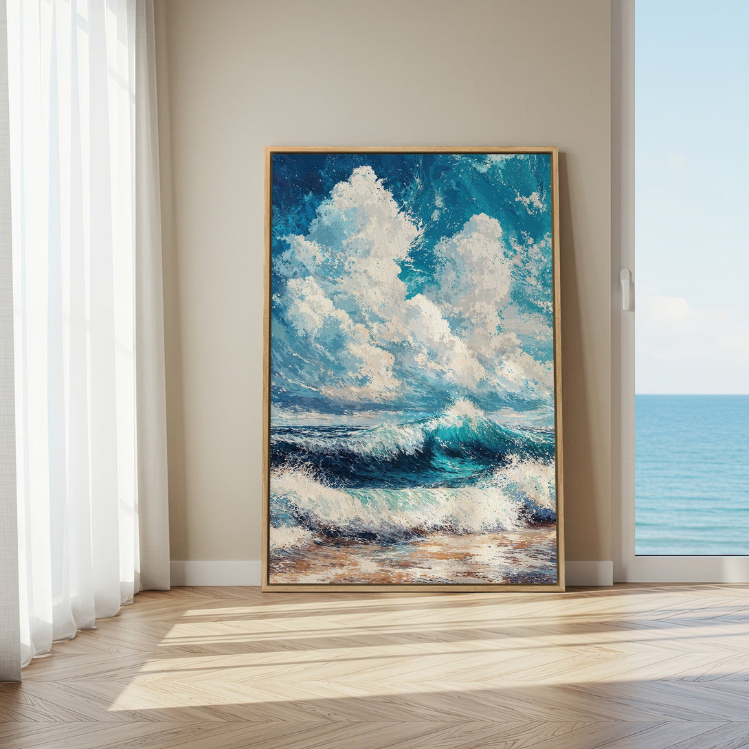 Framed Wall Art: Ocean wave painting in blue and white. Coastal artwork adds a touch of serenity to any space. Shop our Canvas Print collection today!
