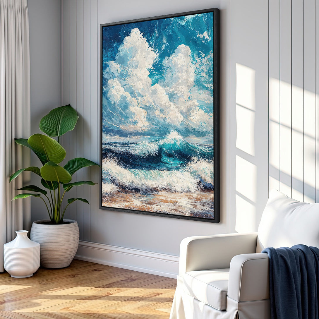 Framed Wall Art featuring a vibrant ocean wave painting in blue and white hues. Coastal style canvas print adds a serene touch to any interior.