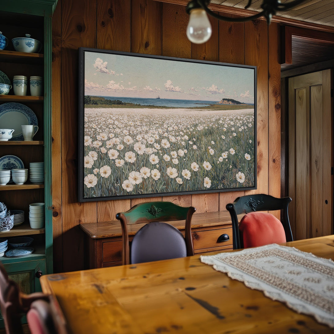 Framed Wall Art: Coastal landscape Canvas Print with white flowers, blue sea, and sky. Neutral color palette, perfect for adding a touch of nature to your home.