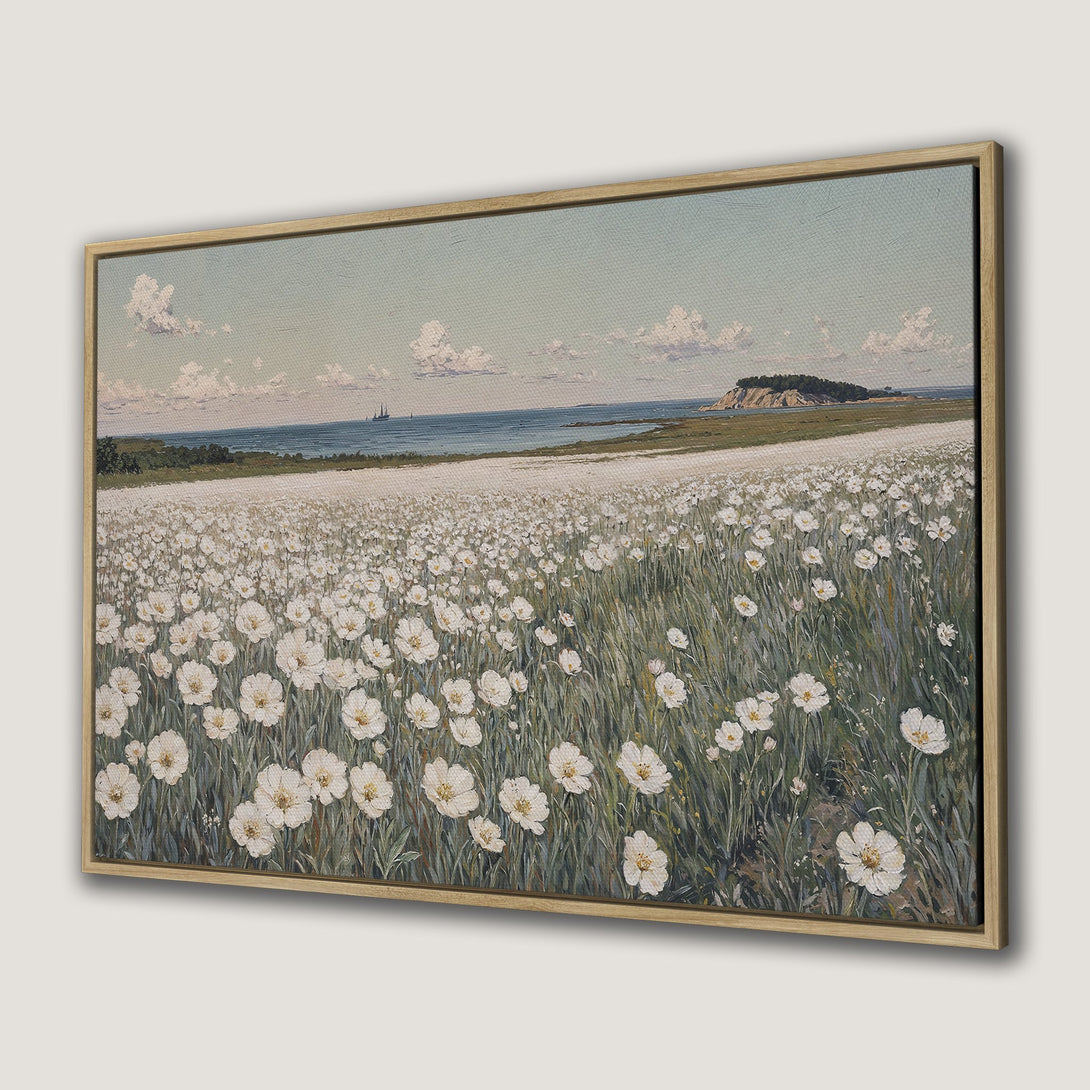 Canvas Print of a serene field of white flowers with a coastal landscape. Impressionistic style, soft blue and green color palette.
