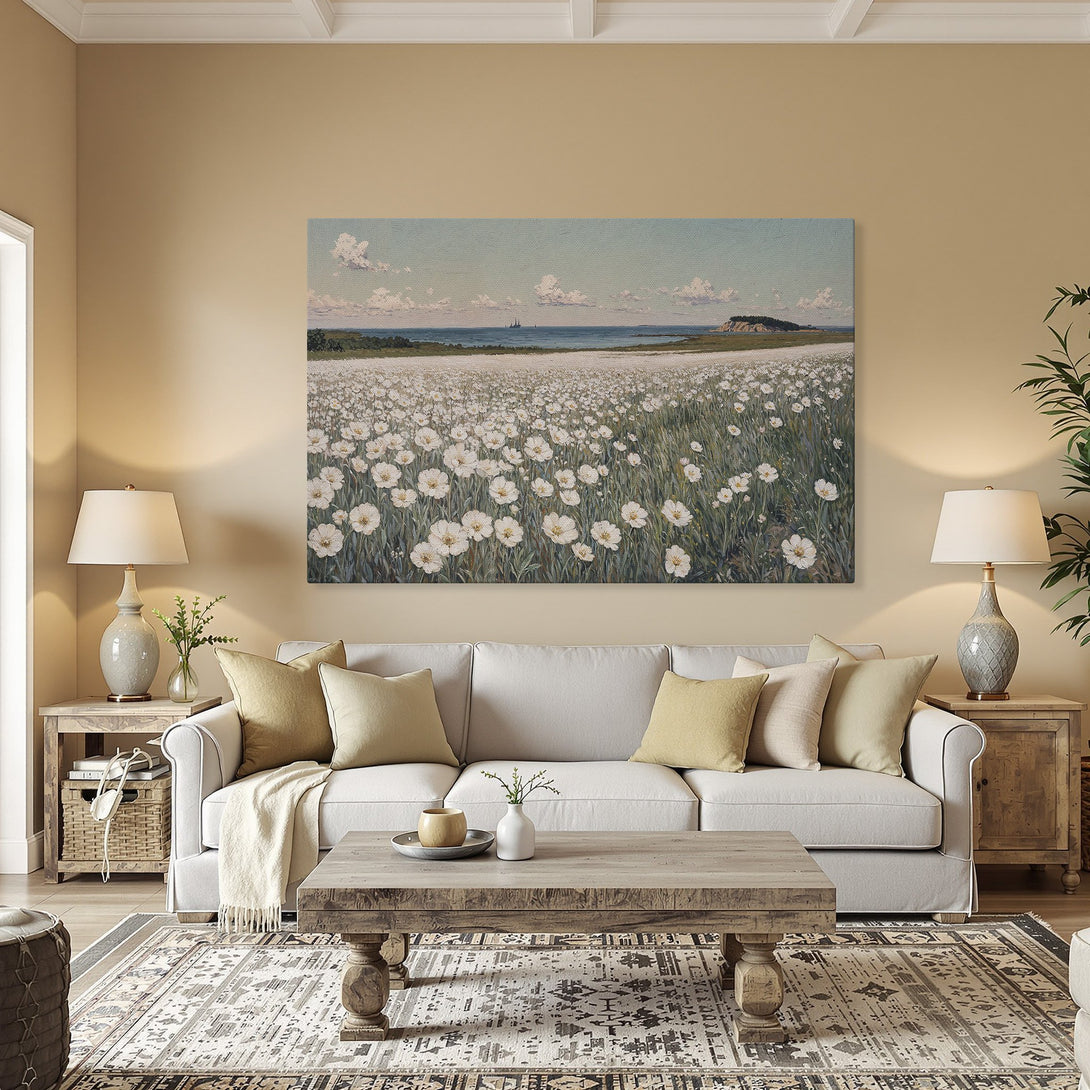Framed Wall Art: Coastal landscape Canvas Print featuring white flowers, sea, and sky in a calming, neutral color palette. Perfect for home decor.