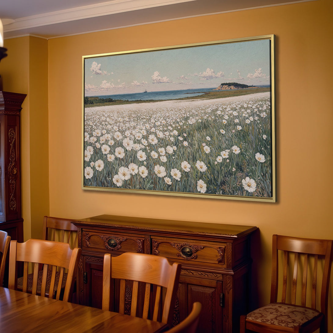 Canvas Print of a serene field of white flowers with a coastal landscape, in a soft, neutral color palette. Perfect for adding a touch of calm to your space.