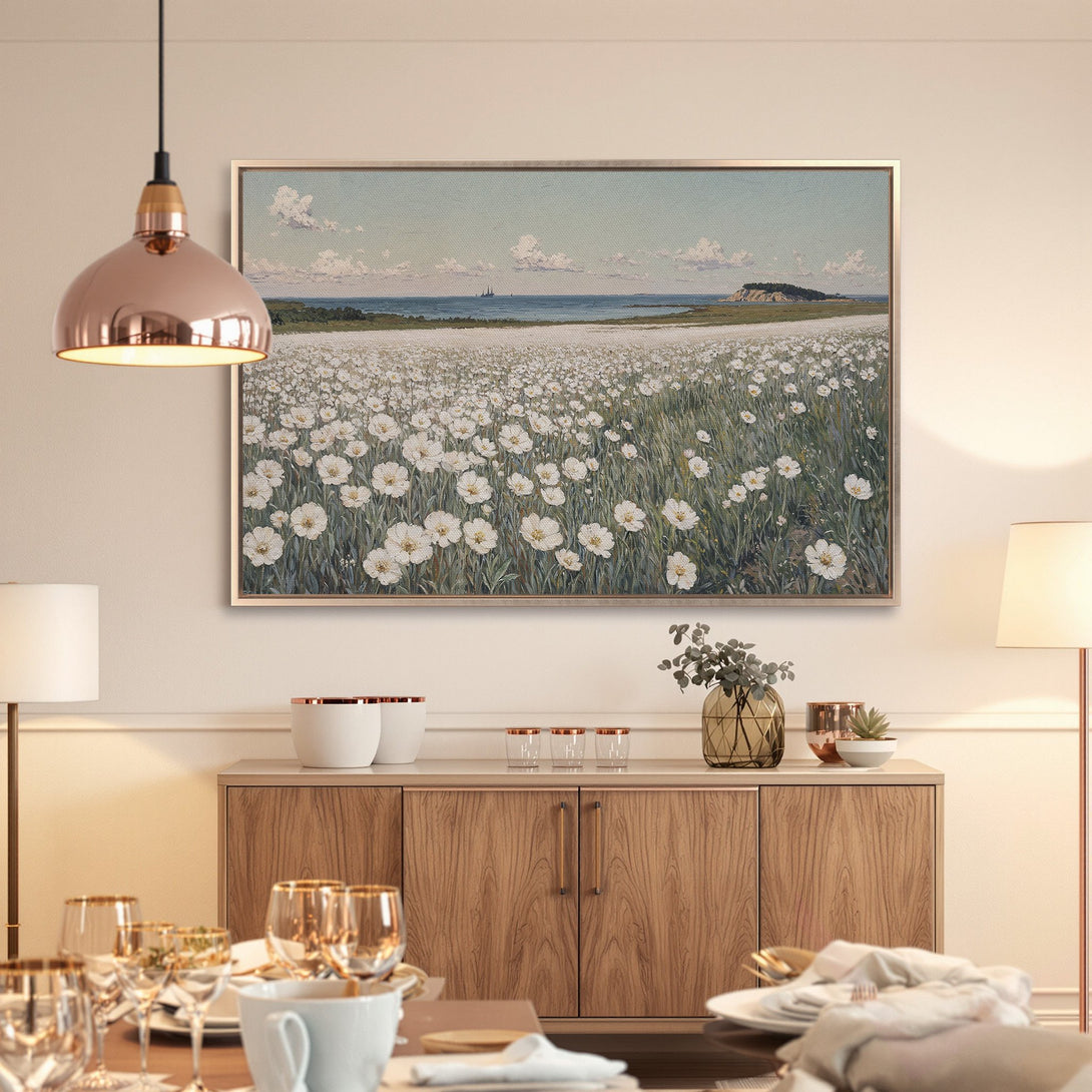 Framed Wall Art: Impressionist landscape Canvas Print featuring white flowers, sea, and sky in a serene, neutral color palette. Perfect for living room decor.