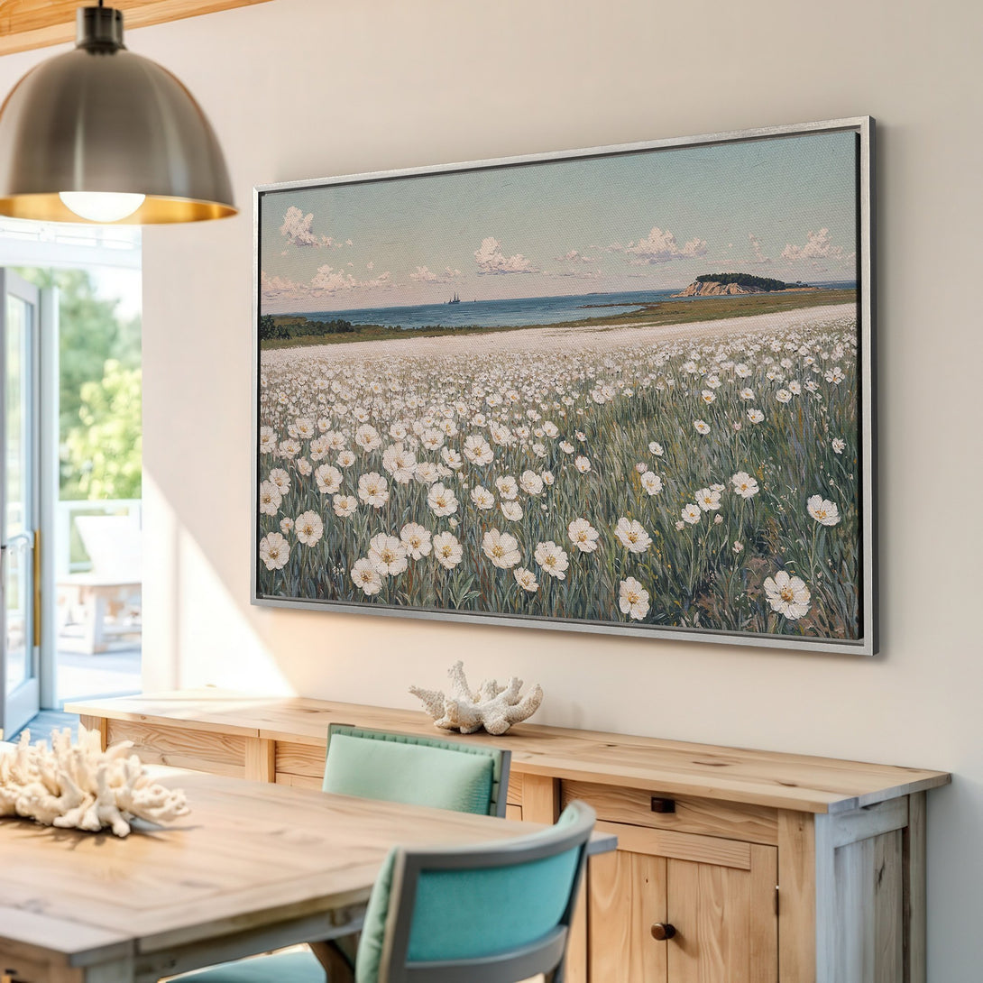 Framed Wall Art featuring a serene field of white flowers, coastal landscape painting in a muted, calming color palette. Perfect for home decor!