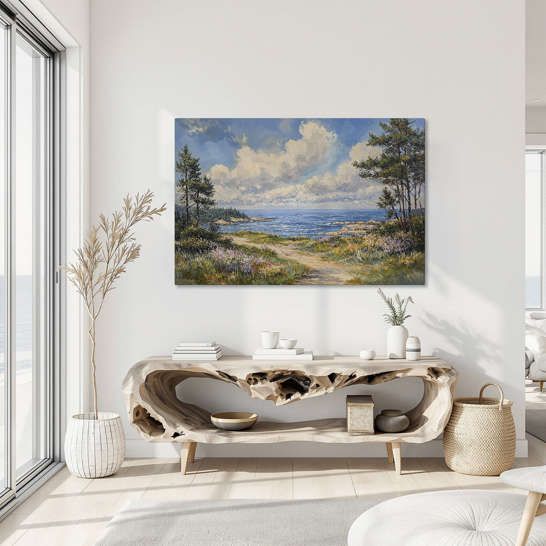 Framed Wall Art: Coastal landscape Canvas Print with blue, green, and gold tones. Perfect for adding a touch of nature and elegance to your home decor.