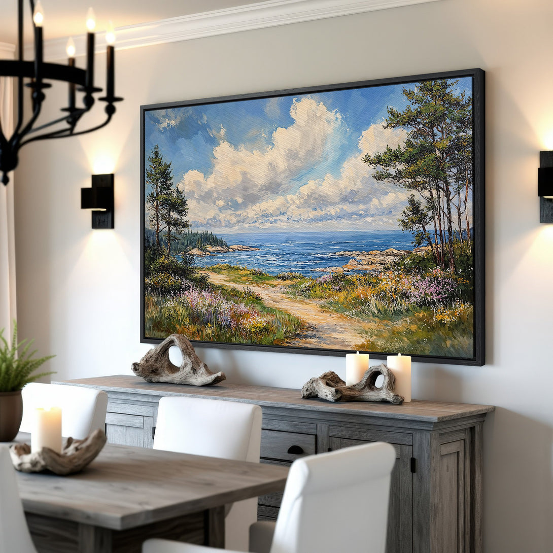 Framed Wall Art: Coastal landscape Canvas Print with blue, green, and white hues. Perfect for adding a touch of nature-inspired art to your home decor.