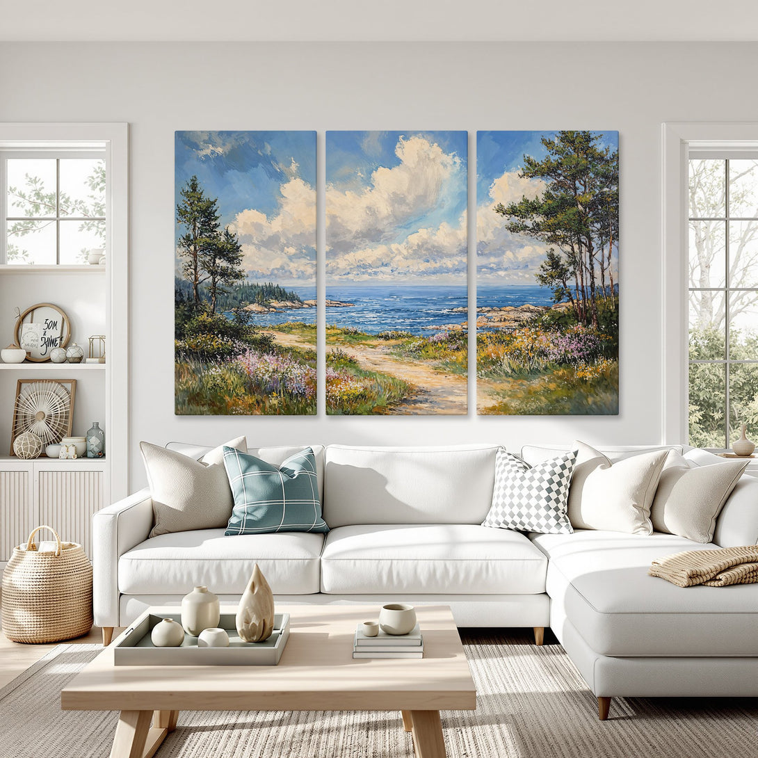 Canvas Print of coastal landscape art, featuring blue, green, and neutral tones. Perfect for living room decor.
