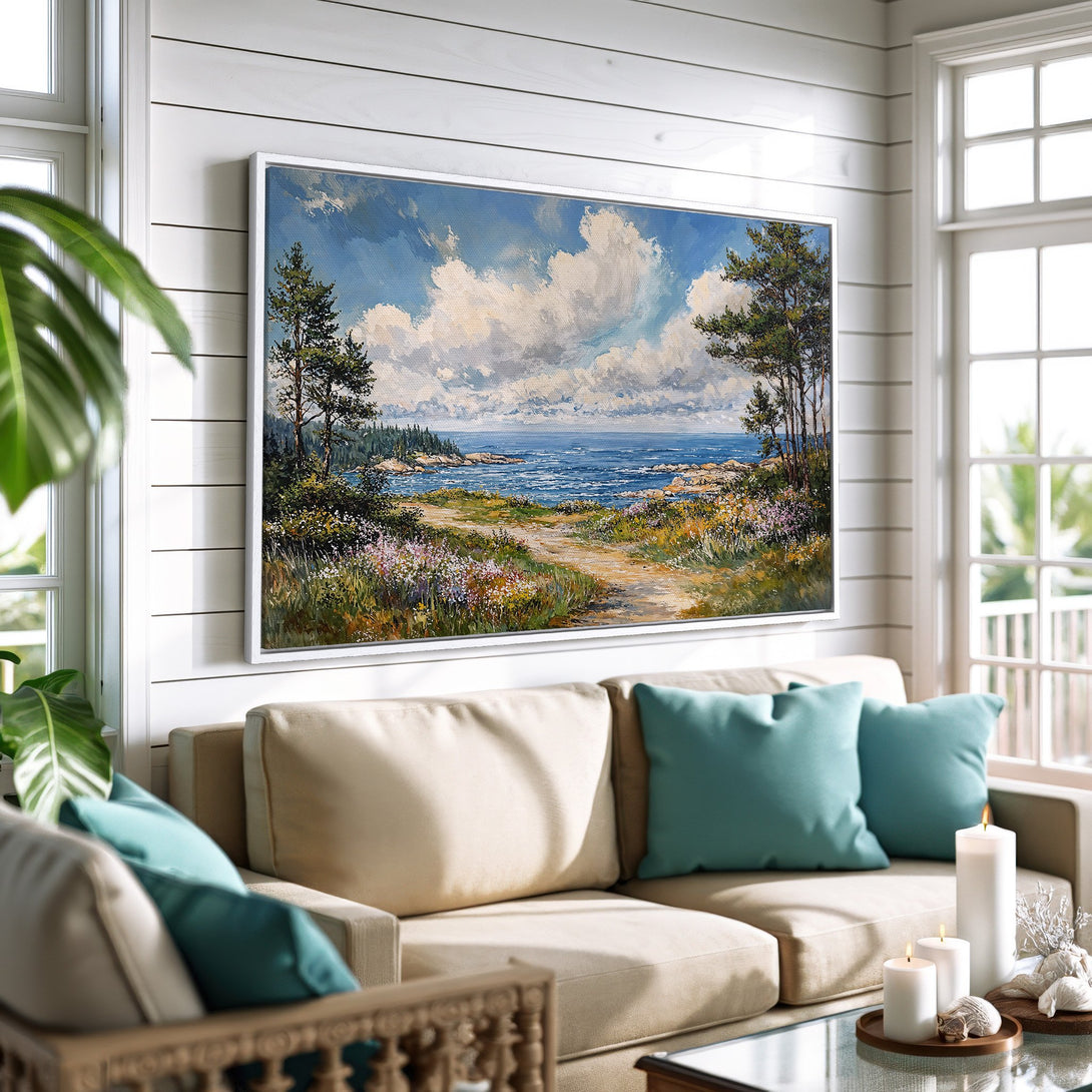 Framed Wall Art: Coastal landscape Canvas Print in blues & greens. Perfect for adding a touch of serenity to your home decor. Shop now!