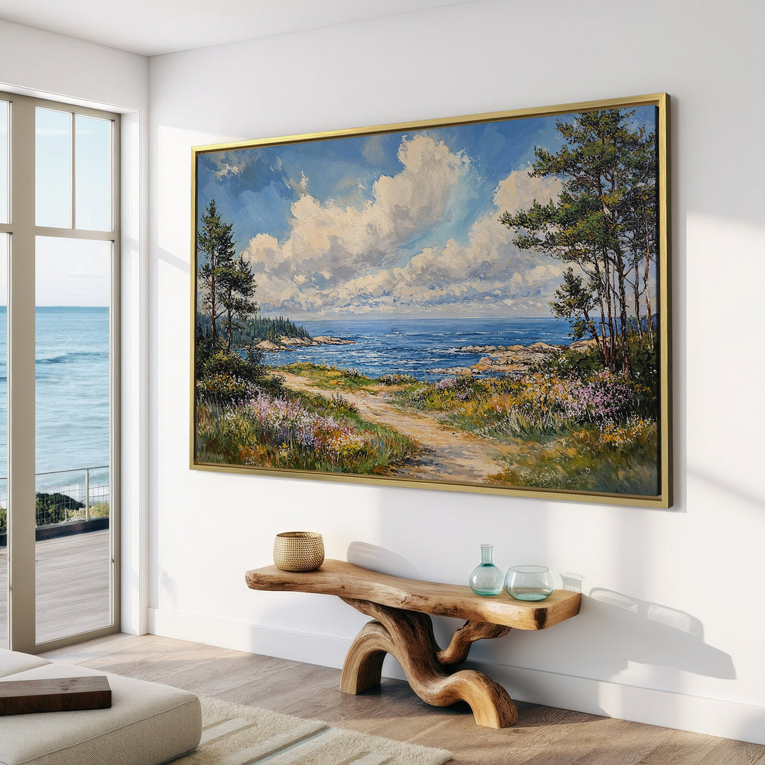 Canvas Print of a serene coastal landscape painting in a bright, airy interior. Features blue, green, and white color palette, perfect for adding a touch of nature.