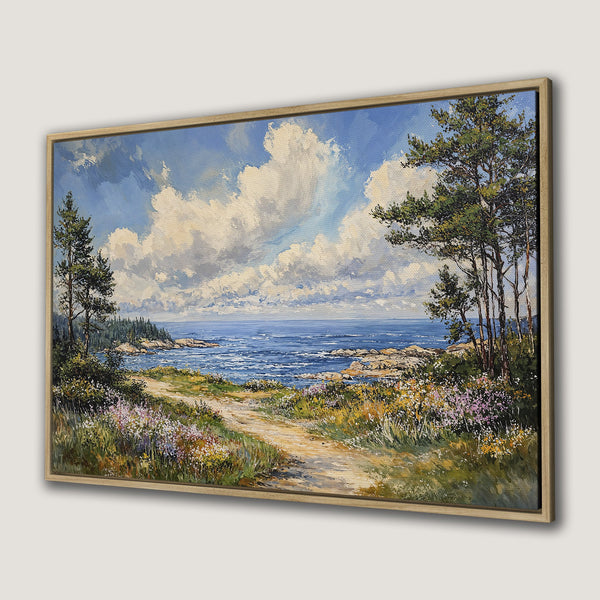 Framed Wall Art: Coastal landscape painting with blue ocean, sky, and trees. Impressionistic style, natural color palette. Perfect for home decor.