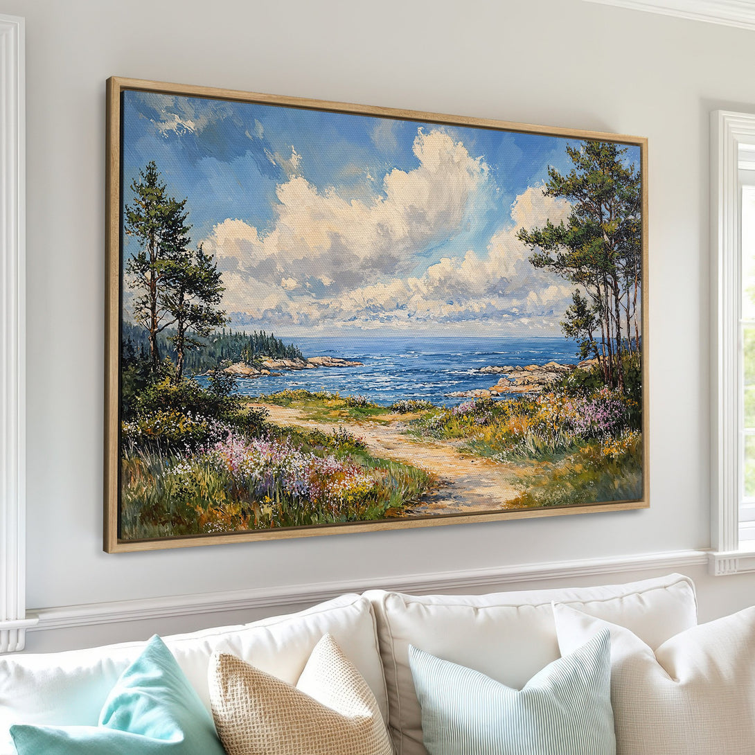 Framed Wall Art featuring a coastal landscape painting with a blue and green color palette. Bring the beauty of nature into your home!