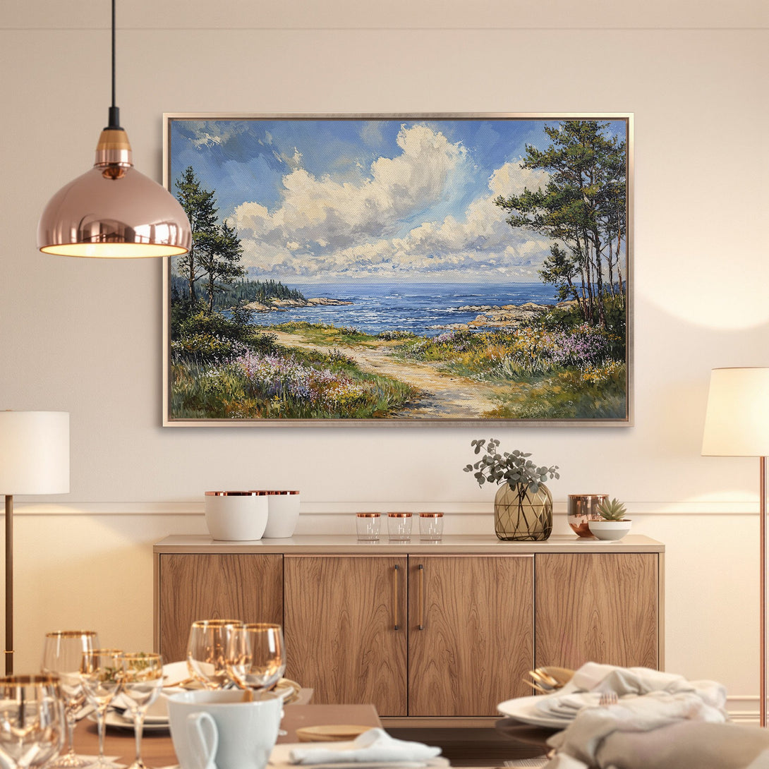 Framed Wall Art: Coastal landscape painting in blue, green, and beige tones. Perfect for adding a touch of nature to your home decor.