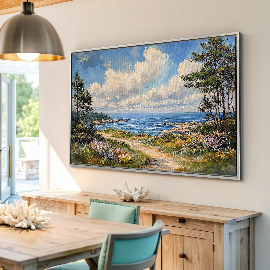 Framed Wall Art Canvas Print: Coastal landscape painting with blue, green, and yellow hues. Bring the beauty of nature into your home!