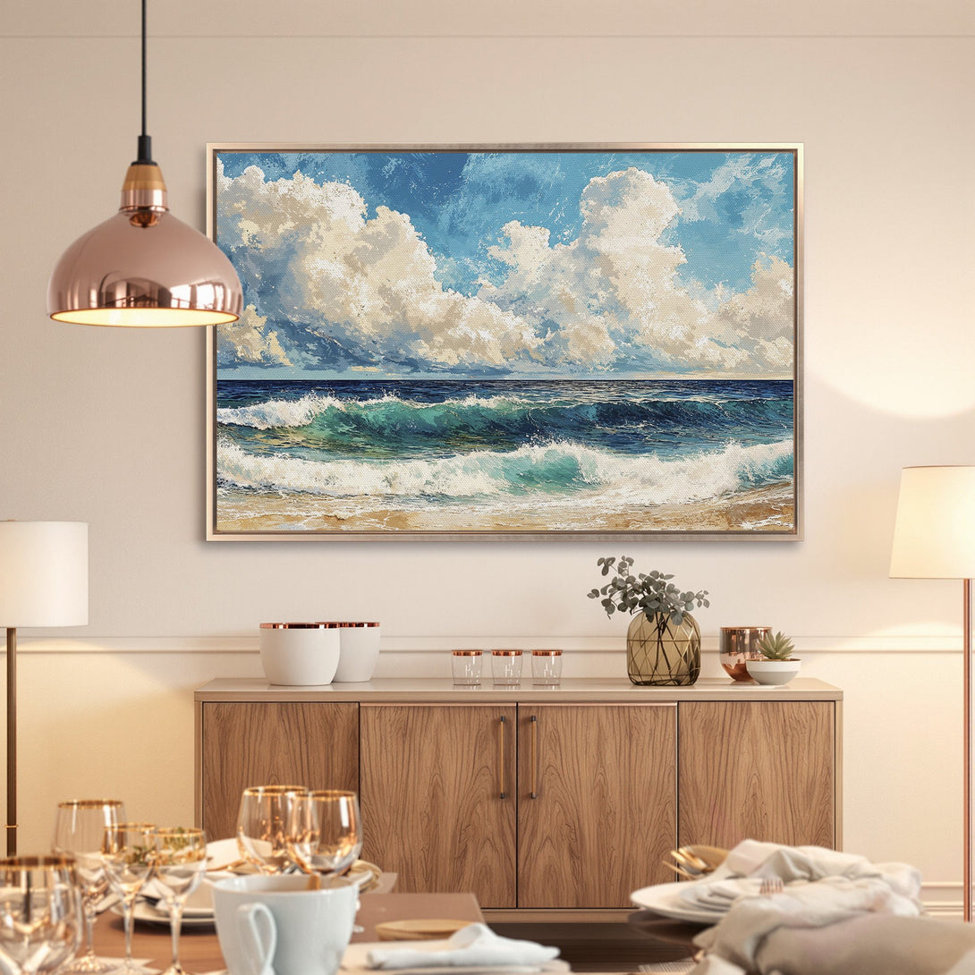 Framed Wall Art: Ocean waves canvas print with blue, turquoise, and beige tones. Coastal artwork for home decor. Bring the beach to your space!