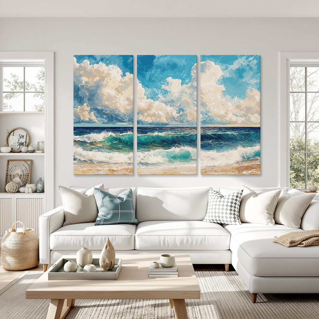 Canvas Print of ocean waves art, blue and teal color palette, displayed in a modern living room. Coastal style wall art.